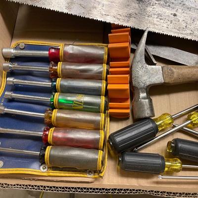 Box of Misc. Tools - Hand Saw/Tool Belt/Hammer/Screwdrivers/Nut Drivers/Tape