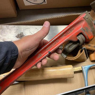 Box of Misc. Tools/Level/Pipe Wrench/Tool belt