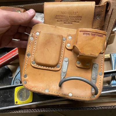 Box of Misc. Tools/Level/Pipe Wrench/Tool belt