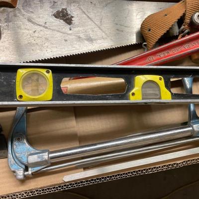 Box of Misc. Tools/Level/Pipe Wrench/Tool belt