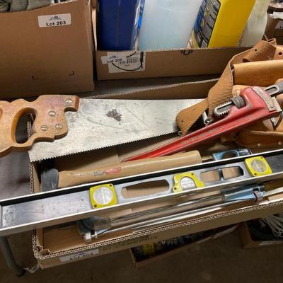 Box of Misc. Tools/Level/Pipe Wrench/Tool belt