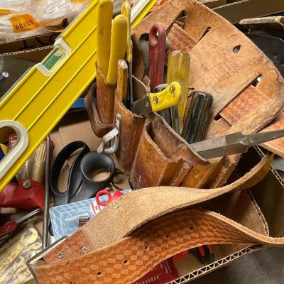 Box of Misc. Tools/Level/Tool Belt/Hand Saw