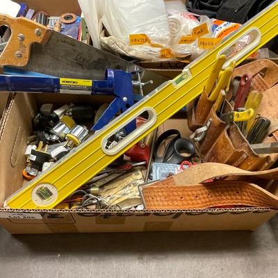 Box of Misc. Tools/Level/Tool Belt/Hand Saw