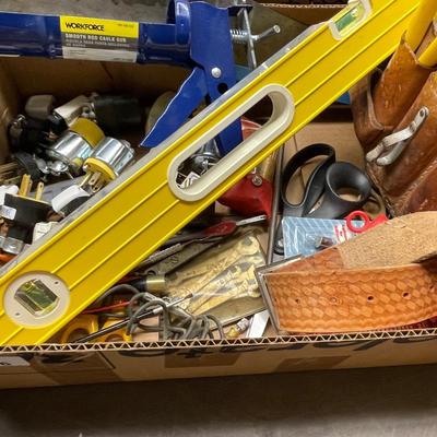 Box of Misc. Tools/Level/Tool Belt/Hand Saw