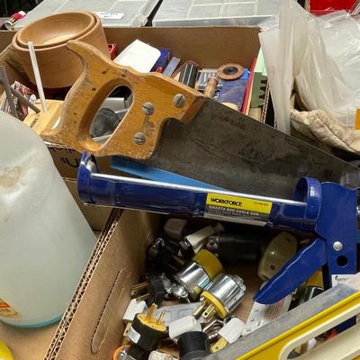Box of Misc. Tools/Level/Tool Belt/Hand Saw