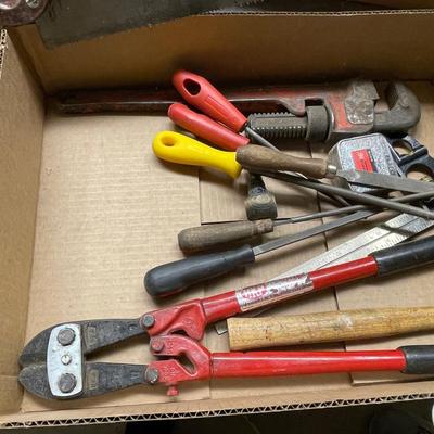 Bolt Cutters/Hand Saw & Box of Misc. Tools & Tool Belt