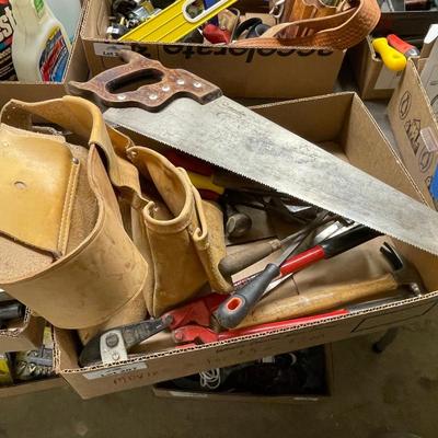 Bolt Cutters/Hand Saw & Box of Misc. Tools & Tool Belt