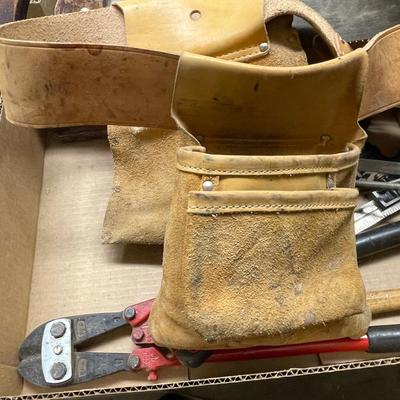 Bolt Cutters/Hand Saw & Box of Misc. Tools & Tool Belt