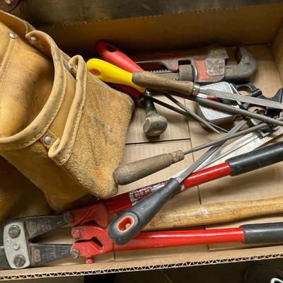 Bolt Cutters/Hand Saw & Box of Misc. Tools & Tool Belt