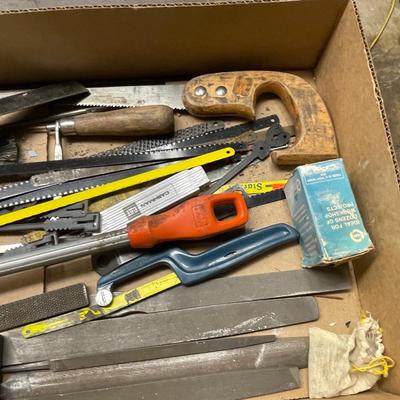 Box & Tray of Tools - mostly Files - also saw/blades/tape measure/lg. Chisel