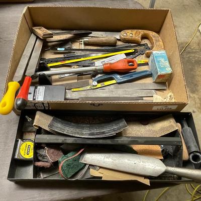 Box & Tray of Tools - mostly Files - also saw/blades/tape measure/lg. Chisel