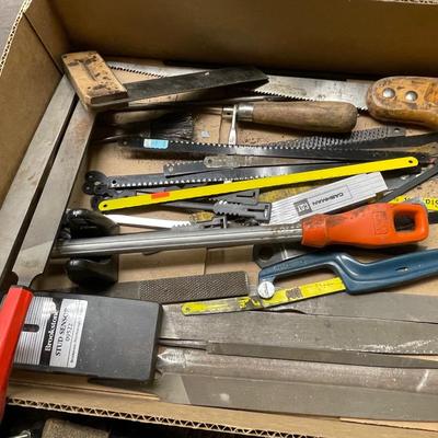 Box & Tray of Tools - mostly Files - also saw/blades/tape measure/lg. Chisel