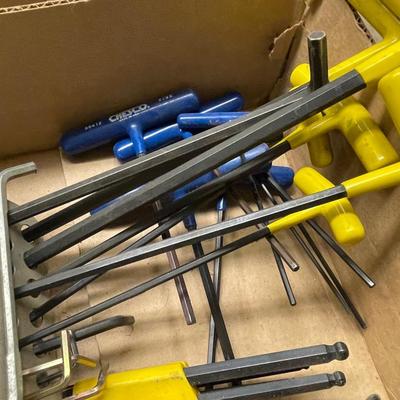 Box of misc. tools/saws/level/long allen wrenchs