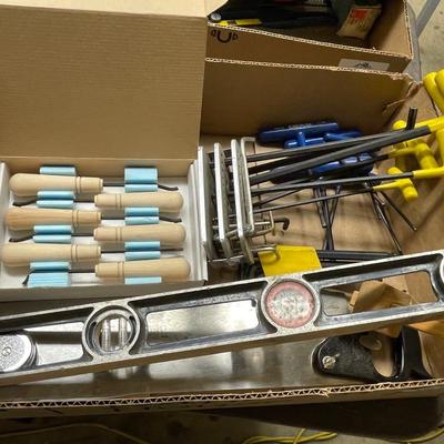Box of misc. tools/saws/level/long allen wrenchs