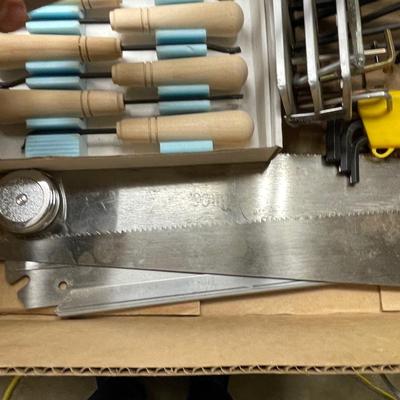 Box of misc. tools/saws/level/long allen wrenchs