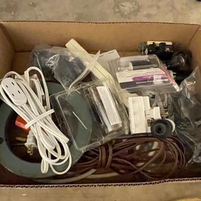 Box of Extension cords/Plug Adapters/Power Strip & More