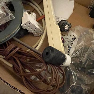 Box of Extension cords/Plug Adapters/Power Strip & More