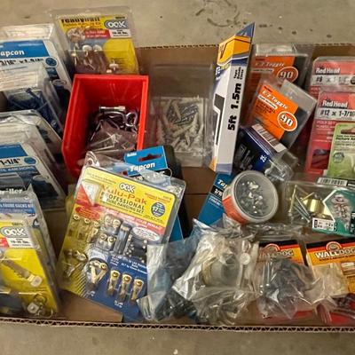 Box of misc screws/picture hanging kits & more
