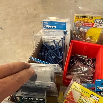 Box of misc screws/picture hanging kits & more