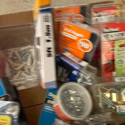 Box of misc screws/picture hanging kits & more
