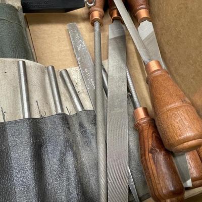 Box of Wood working tools - chisels/files