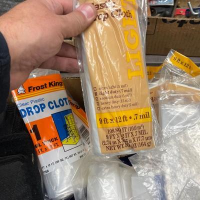 Box of Plastic Drop Cloths (new)/ bags & other stuff