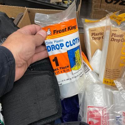 Box of Plastic Drop Cloths (new)/ bags & other stuff