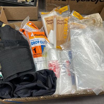 Box of Plastic Drop Cloths (new)/ bags & other stuff