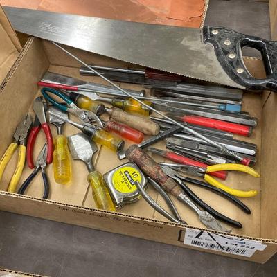 Box of about 30 misc. hand tools - Saw/Chisels/screwdriver/tape