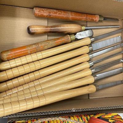 Box of 10 wood handled chisels/woodworking tools