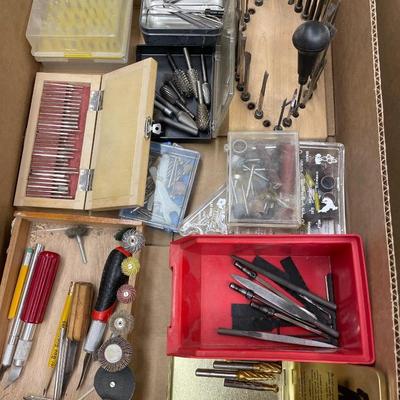 Box of dremmel bits/sm. Woodworking tools