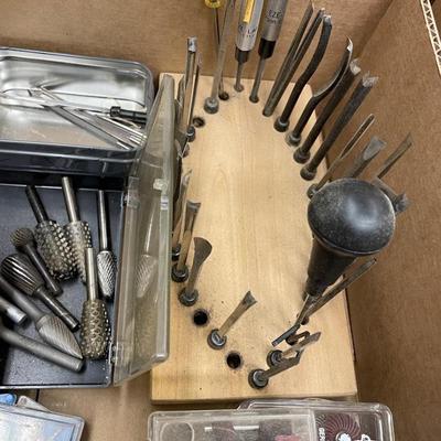 Box of dremmel bits/sm. Woodworking tools
