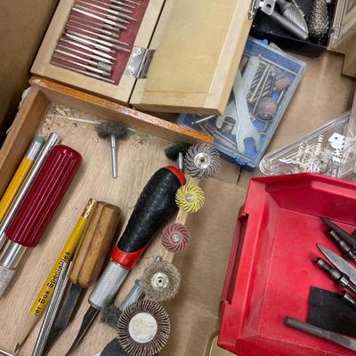 Box of dremmel bits/sm. Woodworking tools