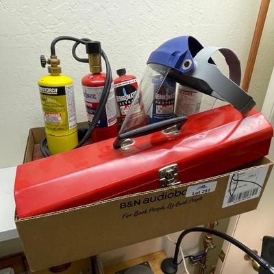 Bernzomatic Propane torch, bottles, Metal Tool Box & Mask/shield