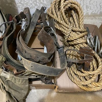 Sale Photo Thumbnail #1083: Leather belt/safety  harnesses/climbing tree equipment as shown