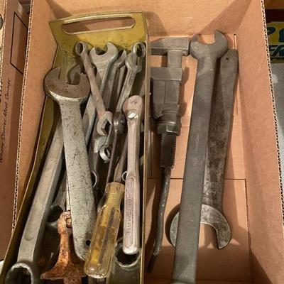 Box of Vintage Wrenches - Pipe Wrench/Craftsman Socket Wrench +