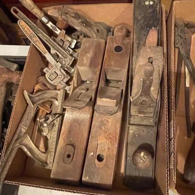 Box of Vintage Tools 4 Planers & Pipe Wrenches