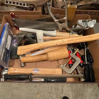 Box of 20+ Hand Tools - Axe, Chisels & all shown in photos