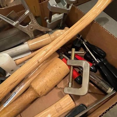 Box of 20+ Hand Tools - Axe, Chisels & all shown in photos