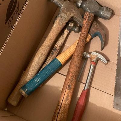 Box of 7 lot of mostly Hammers & Digging Pick