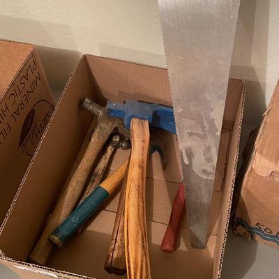Box of 7 lot of mostly Hammers & Digging Pick