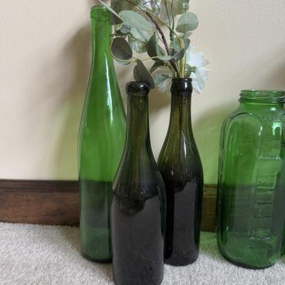 LOT 6B: Collection of Green Glass Bottles & More