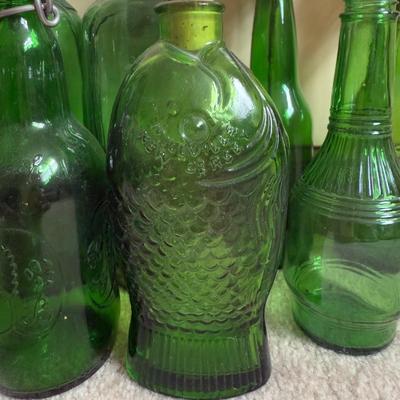 LOT 6B: Collection of Green Glass Bottles & More