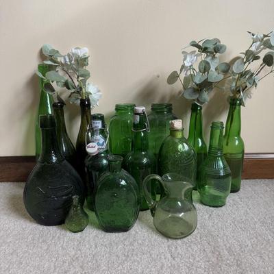 LOT 6B: Collection of Green Glass Bottles & More