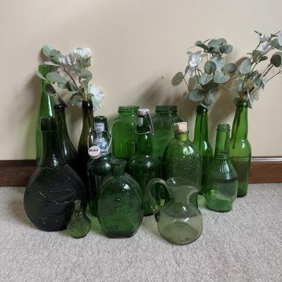 LOT 6B: Collection of Green Glass Bottles & More
