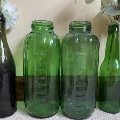 LOT 6B: Collection of Green Glass Bottles & More