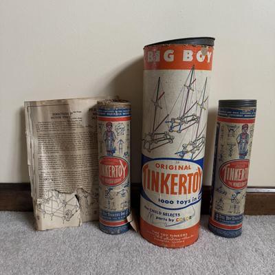 LOT 16B: Three Vintage Tinker Toy Tubes w/ Instructions & Many Pieces