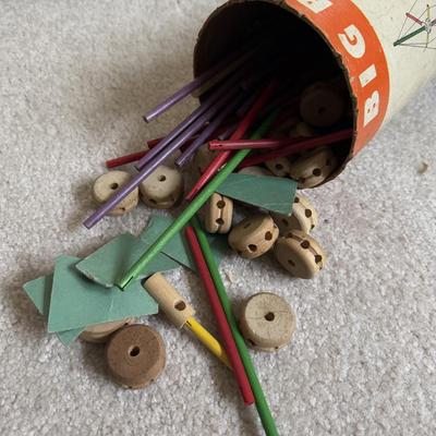 LOT 16B: Three Vintage Tinker Toy Tubes w/ Instructions & Many Pieces