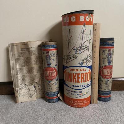 LOT 16B: Three Vintage Tinker Toy Tubes w/ Instructions & Many Pieces