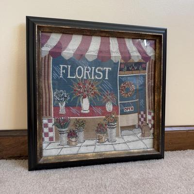 LOT 21B: Charlene Olson Embroidered Artwork, Florist Village House, Wreath in Box & More